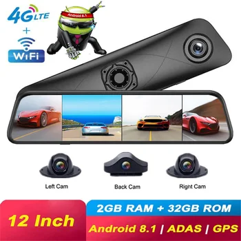 12 Inča, 4G Android 8,1 retrovizor 4 + 32 GB Auto Dvr Za 4 Kanala Kontrolna Ploča Auto Kamera GPS Navigacija ADAS Wifi video snimač